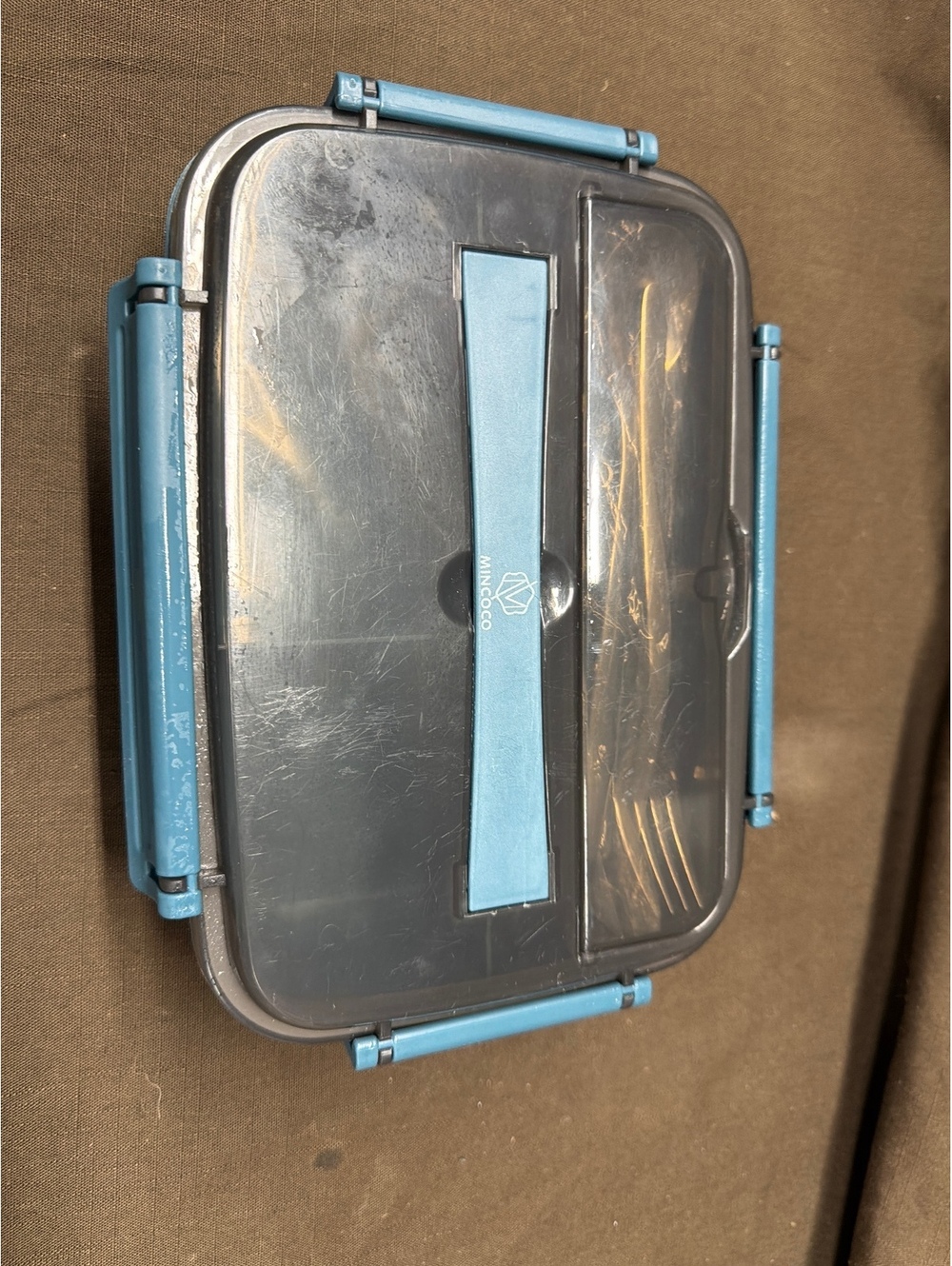 Blue Plastic Bento Lunch Box with Utensils and Compartments